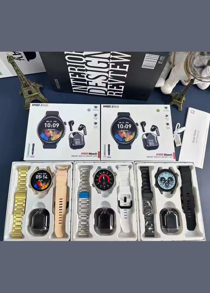 Набор M103 Смарт часы круглые серые с 2 ремешками беспроводные наушники комплект на подарок No Brand (341309893)