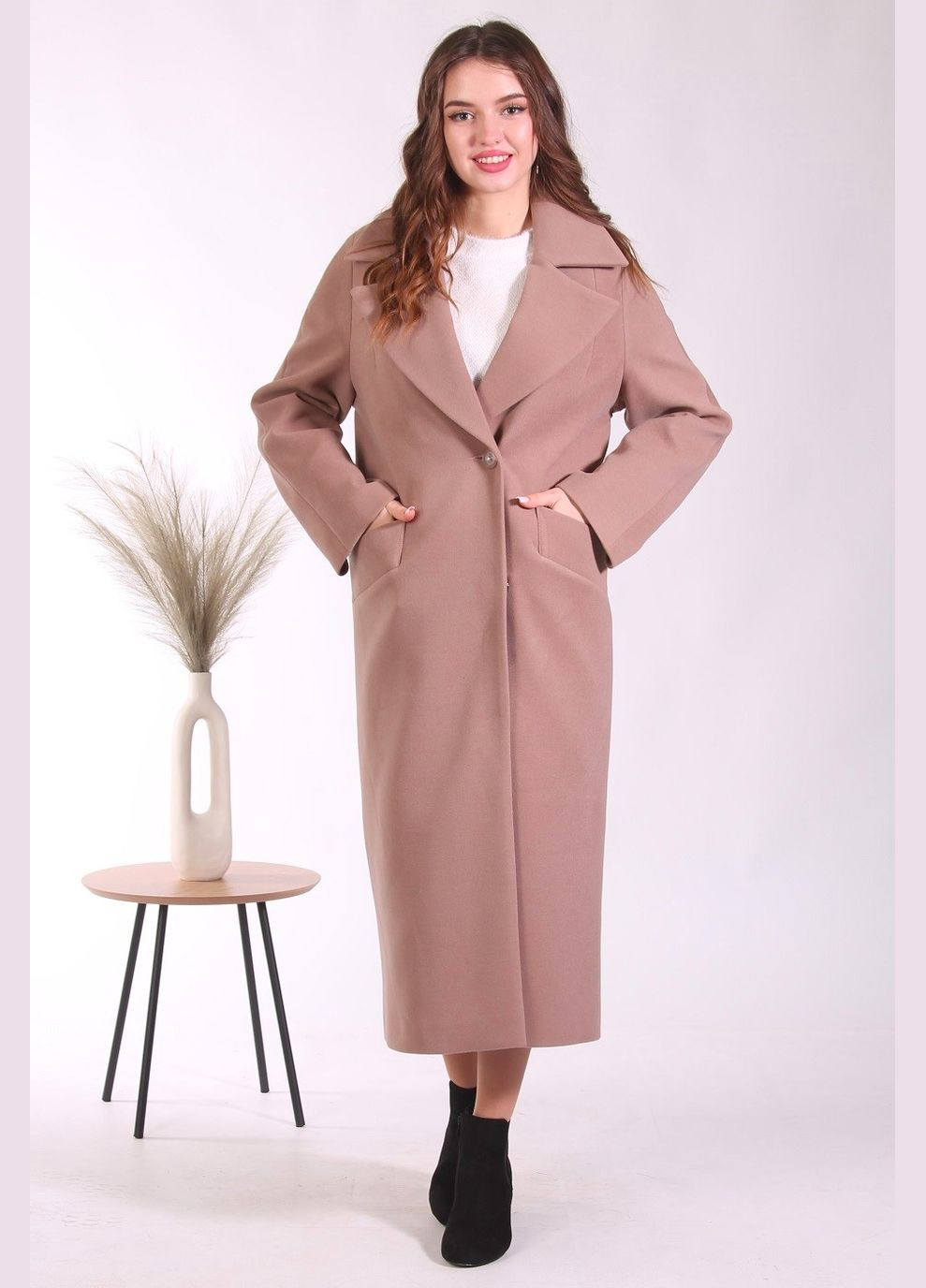 Светло-коричневое демисезонное Пальто удлиненное женское 057 кашемир мокко Актуаль