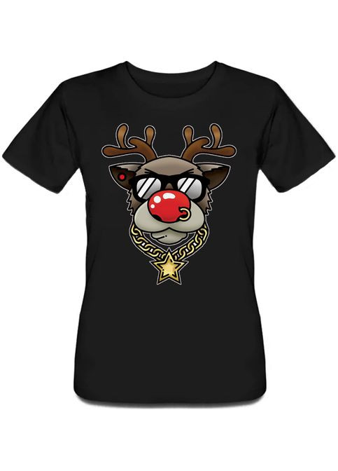 Женская новогодняя футболка Bling Rudolph (чёрная) Fat Cat - (283036600)
