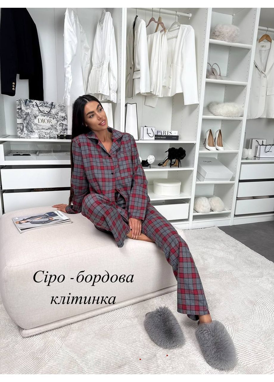 Бордовая всесезон женская фланелевая пижама в клетку рубашка + брюки No Brand