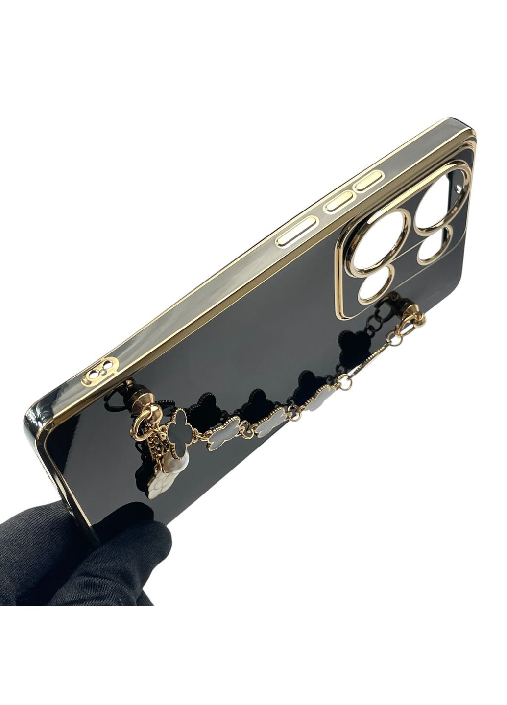 Чехол для телефона POCO M6 Pro 4G женский с ремешком с украшениями и золотой окантовкой на седоме поко м6 о 4г черный gs1 Xiaomi (366230478)
