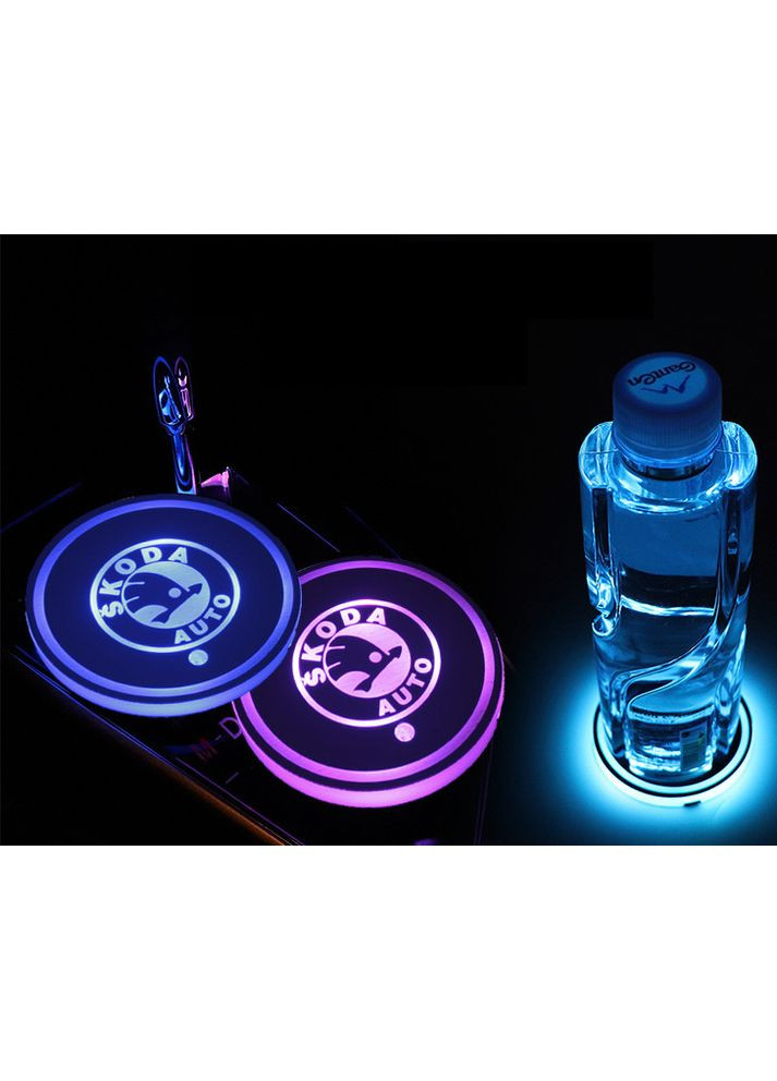 Подсветка подстаканника RGB в авто с логотипом автомобиля (к-кт 2 шт.) Skoda (360949183)