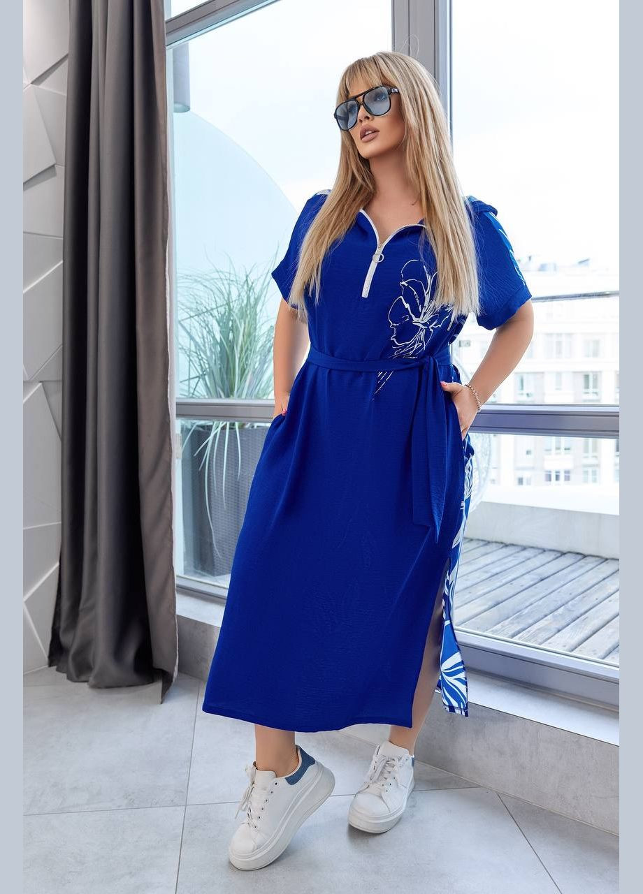 Синя жіноча сукня з поясом колір електрик р.50/52 453800 New Trend