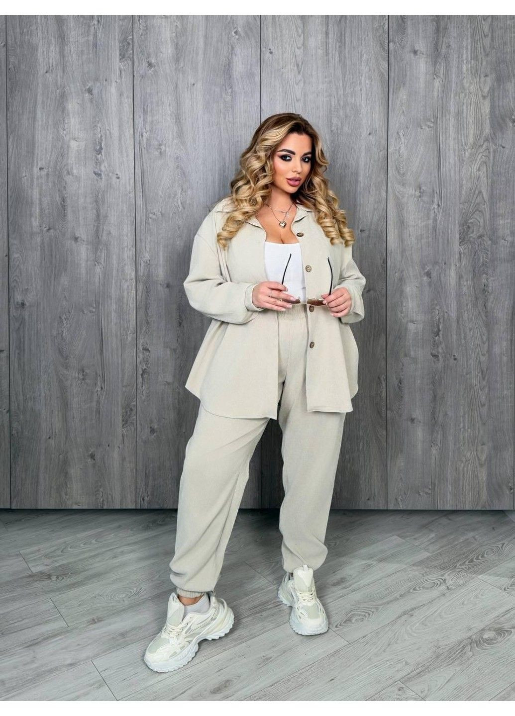 Вельветовый костюм с брюками, мод БРК-241, бежевый, размер 60-62 No Brand (355469649)