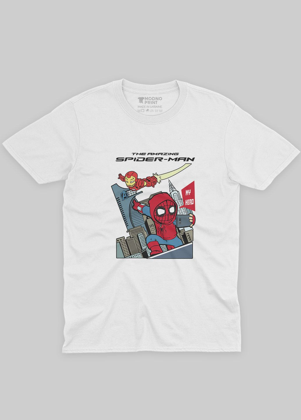 Біла демісезонна футболка для хлопчика з принтом супергероя - людина-павук (ts001-1-whi-006-014-074-b) Modno