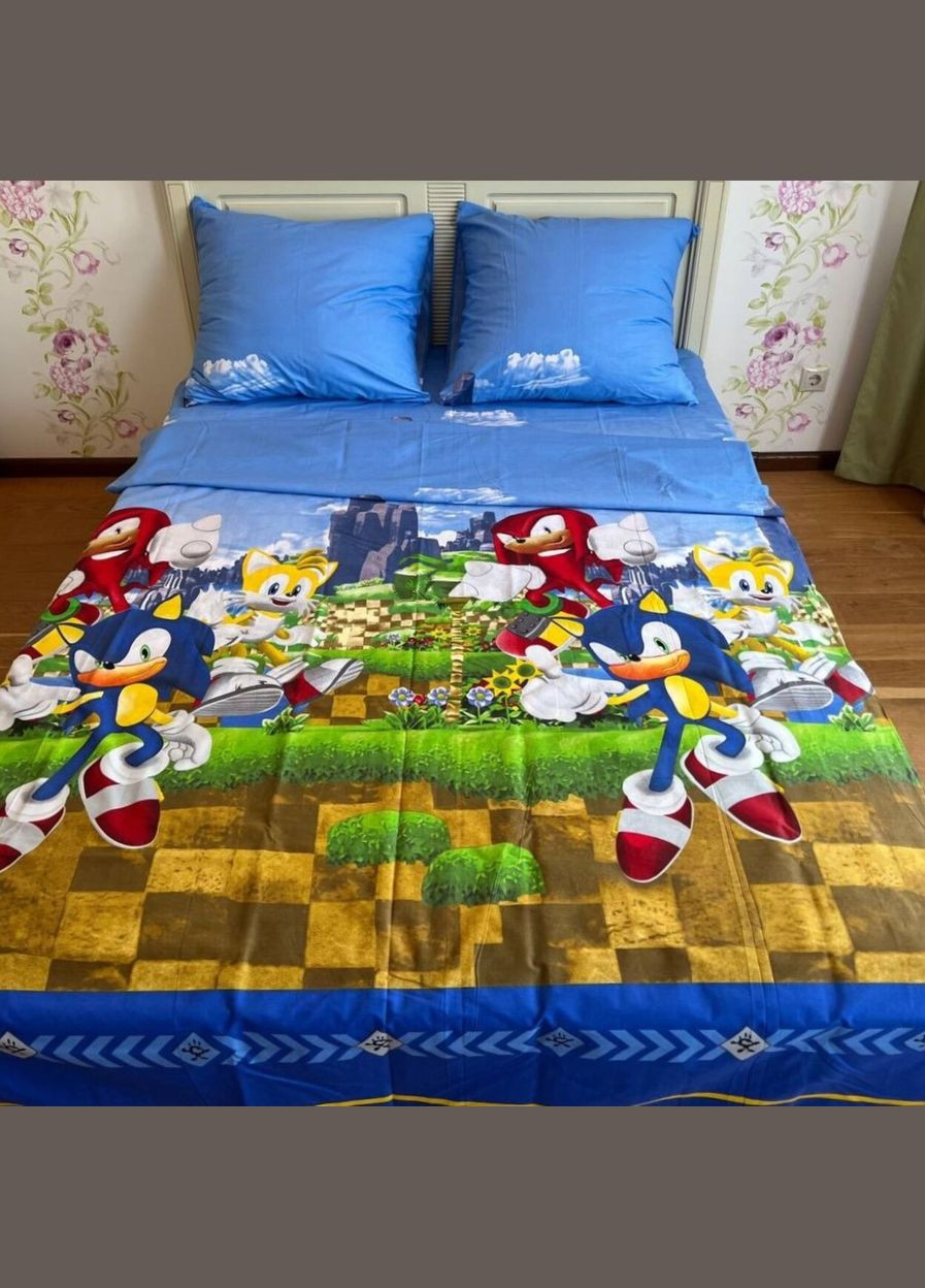 Детское постельное белье полуторное голубое Соник Бязь Голд 1513279 Ananasko (337511476)