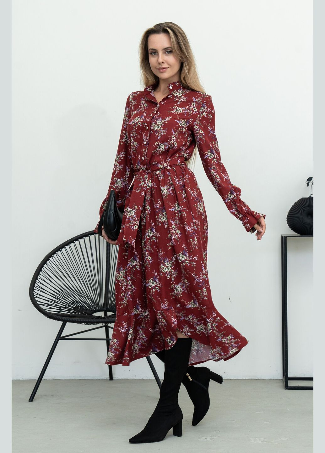 Бордовое повседневный платье меди длины с стойкой воротника и карманами в боковых швах (вл 20) RiMari