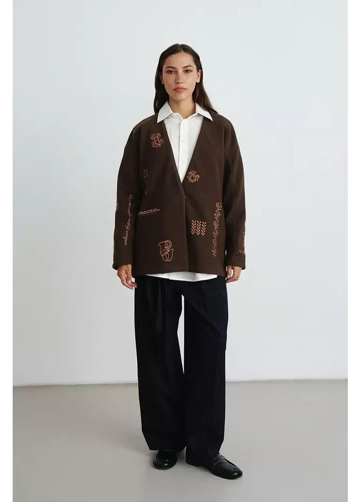 Коричневое Пальто-кардиган с вышивкой MKRM4303 Rica Mare