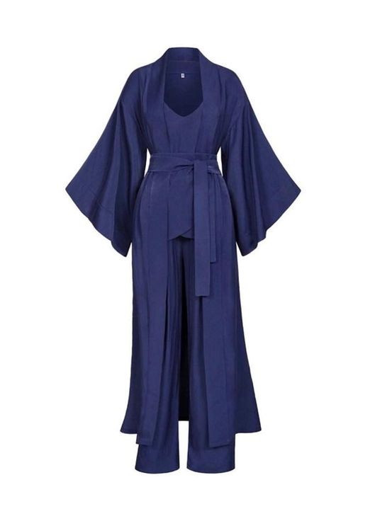 Комплект жіночий трійка - кімоно під пояс, топ на широких бретелях та вільні штани Темно-синій Чорниця Garna (289362487)