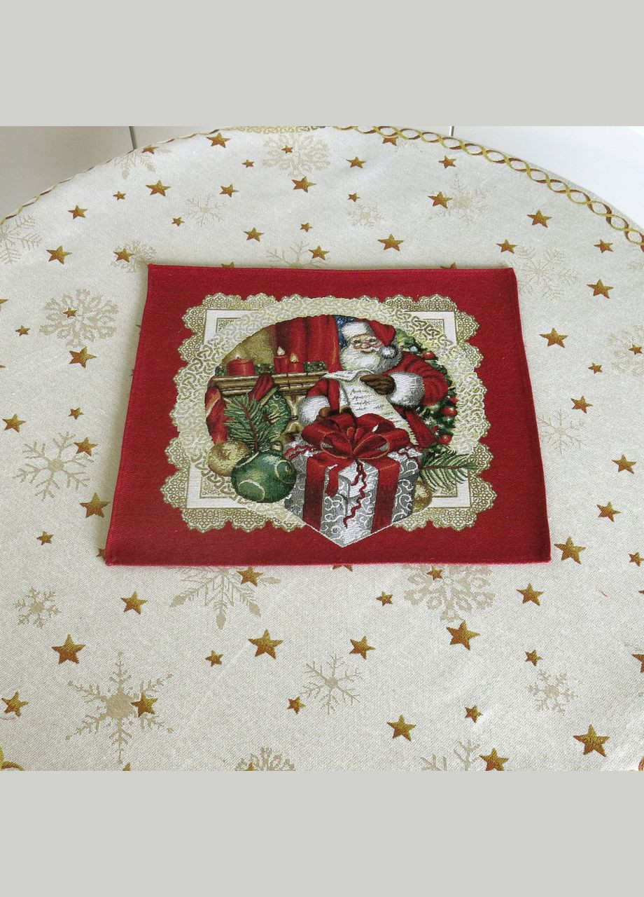 Серветка декоративна червона новорічна квадратна "Дарунок від Санти" із золотою люрексовою ниткою 43х43 Maystat (305390925)