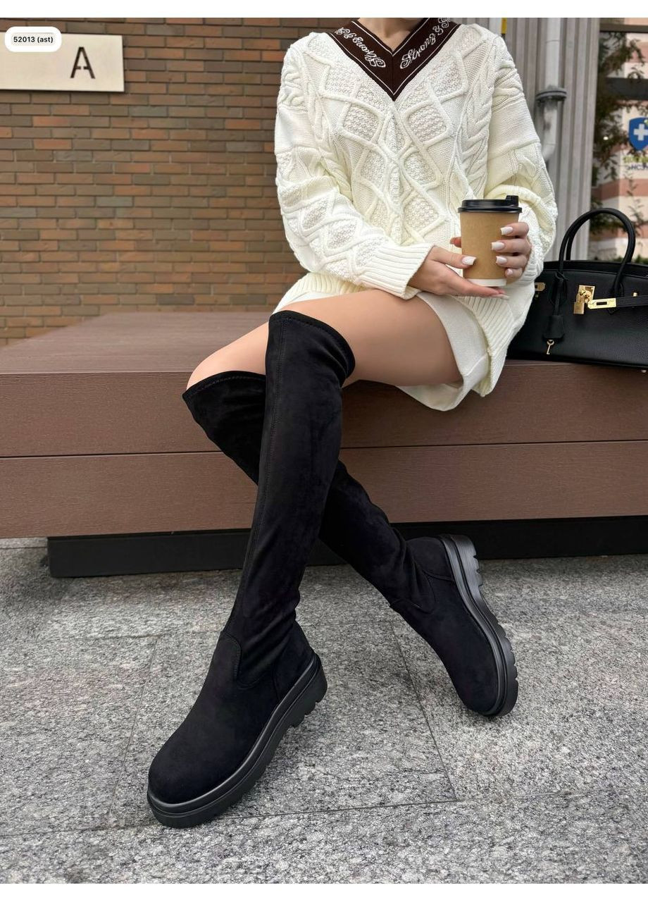 Черные осенние женские демисезонные ботфорты чулки эко замш черный цвет No Brand