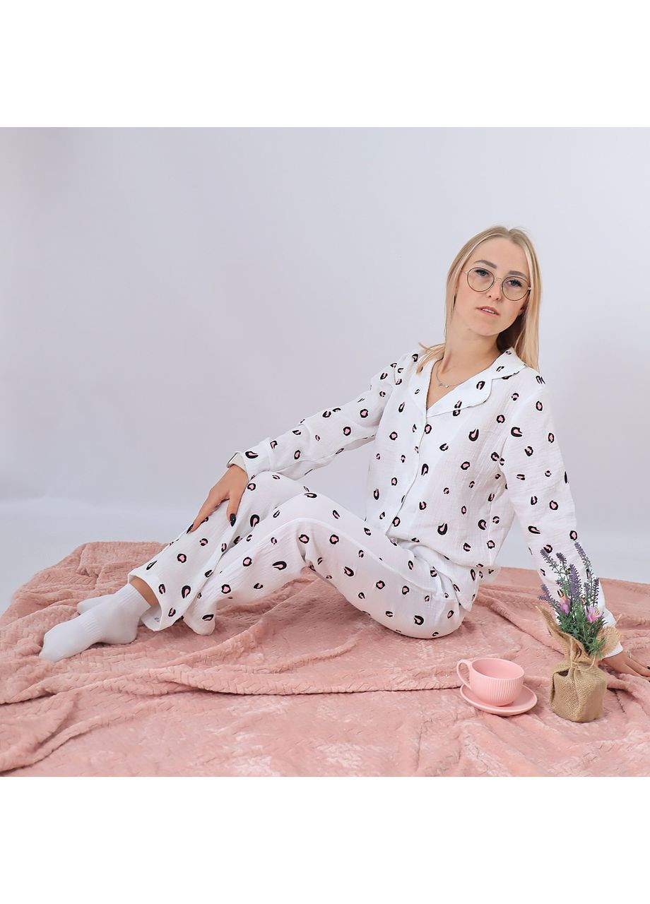 Біла всесезон муслінова жіноча піжама біла з леопардовим принтом сорочка + штани сорочка + брюки No Brand
