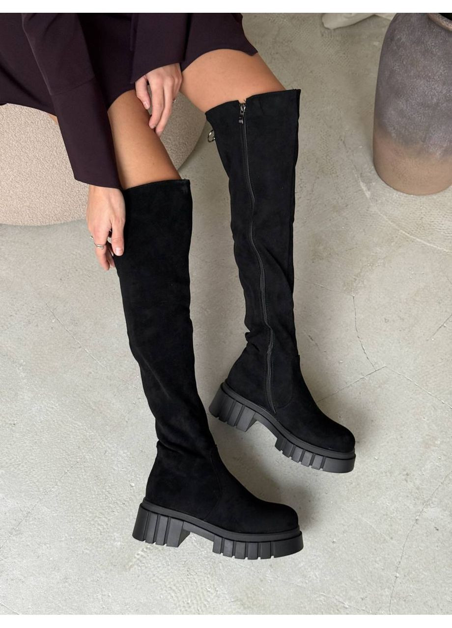 Черные осенние женские ботфорты на платформе эко замш на меху No Brand