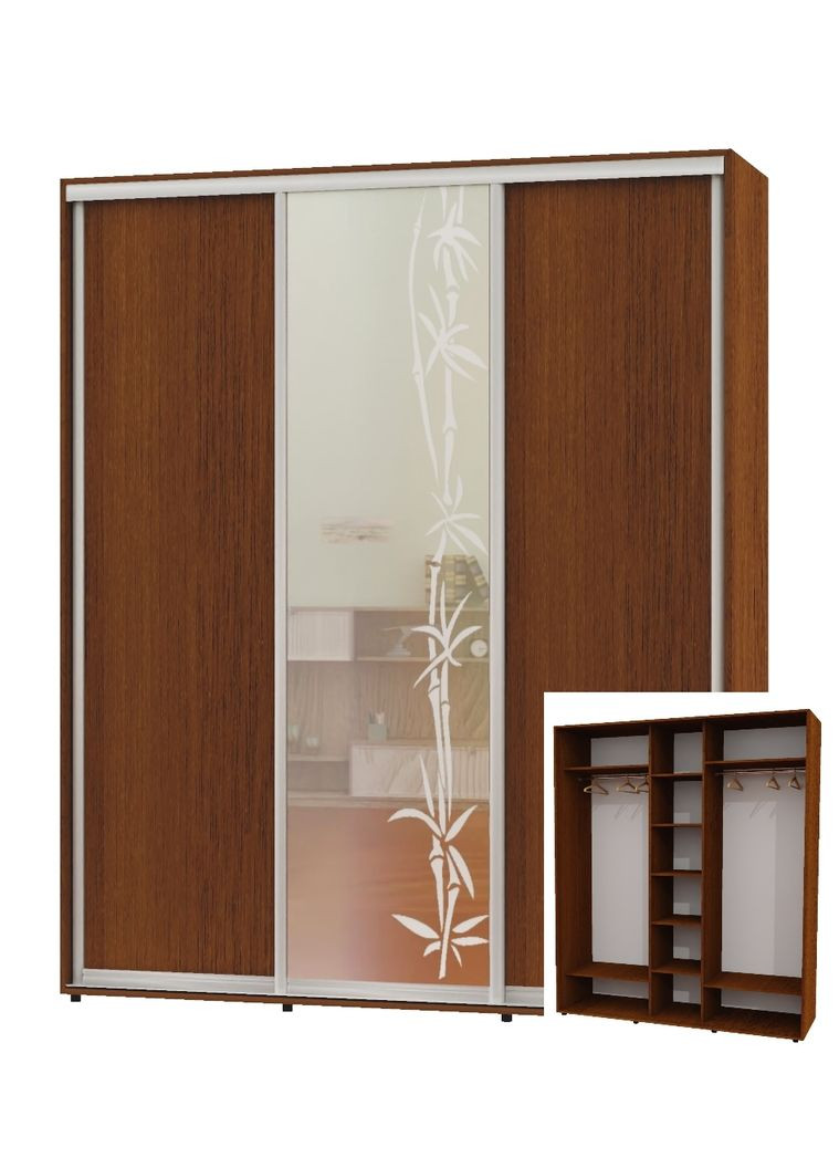 Шафа-купе тридверна 210*60*250 Горіх лісовий 2 ДСП/Дзеркало з піскострумним малюнком ШК-04 Алекса (360478893)