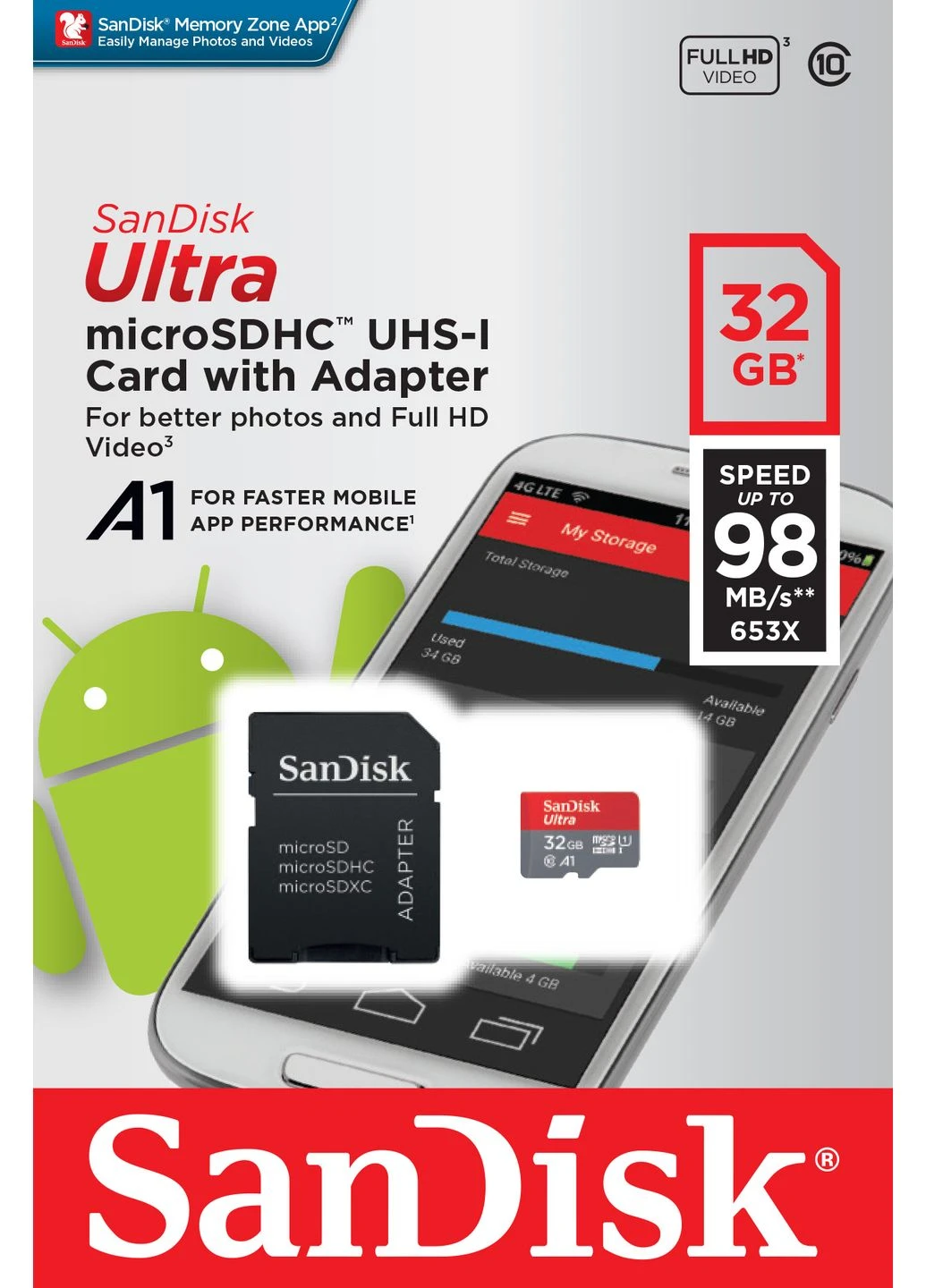 Карта памяти microSDHC (UHS-1) 32Gb class 10 A1 (98Mb/s, 653x) (adapter SD) (SDSQUAR-032G-GN6MA) SanDisk Ultra (357474627)