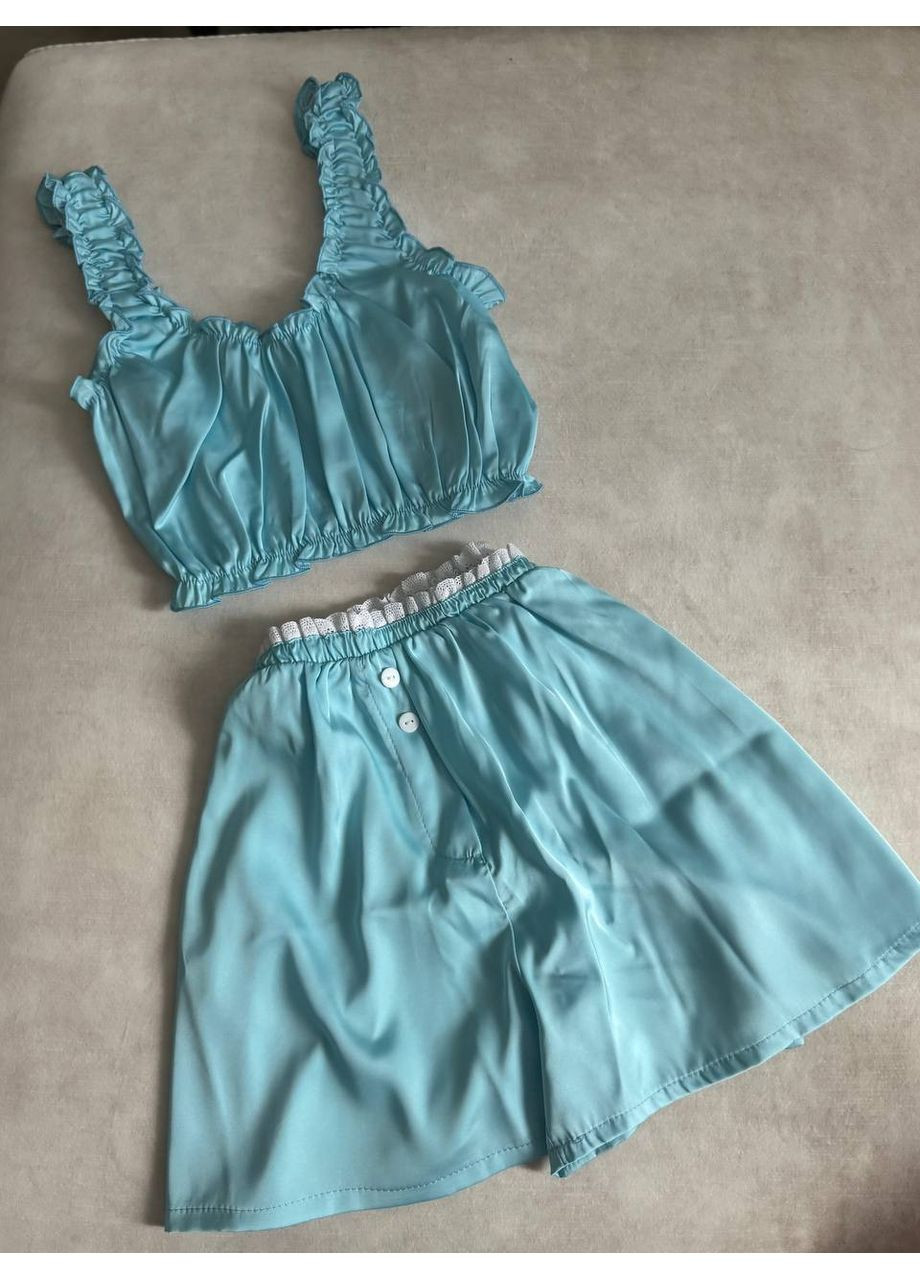 Голубая всесезон женская шелковая пижама майка + шорты FINO Mode