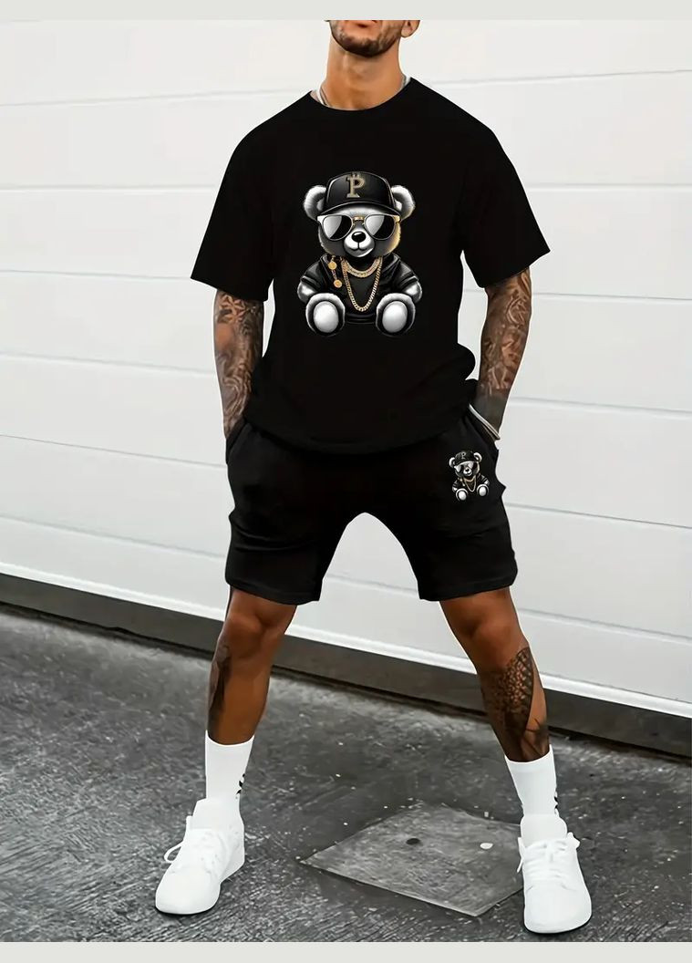 Мужской черный трендовый спортивный летний костюм с ярким дизайном. No Brand (370964919)