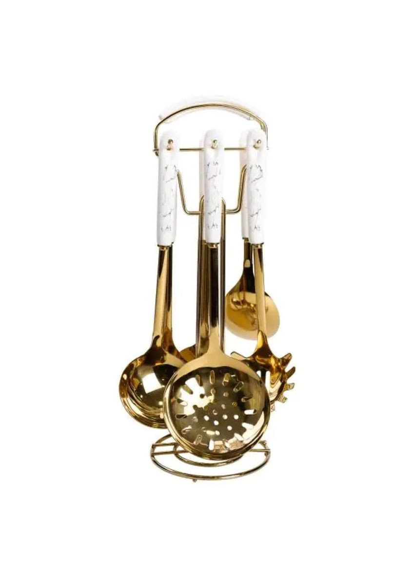 Набір кухонного приладдя 7 предметів на підставці столові прилади з нержавіючої сталі Золото з білим HP-20-7 Yiwu (370969128)