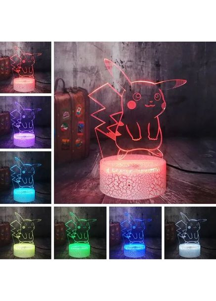 Нічник лампа акрилова 3D, настільна, світлодіодна з пластиною Покемон Пікачу, 7 кольорів, від USB та від батарейок No Brand (372003991)