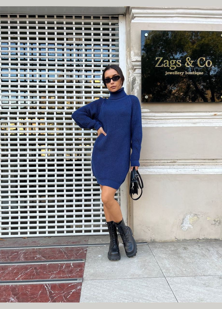 Синя в'язана сукня зі стійкою Fashion