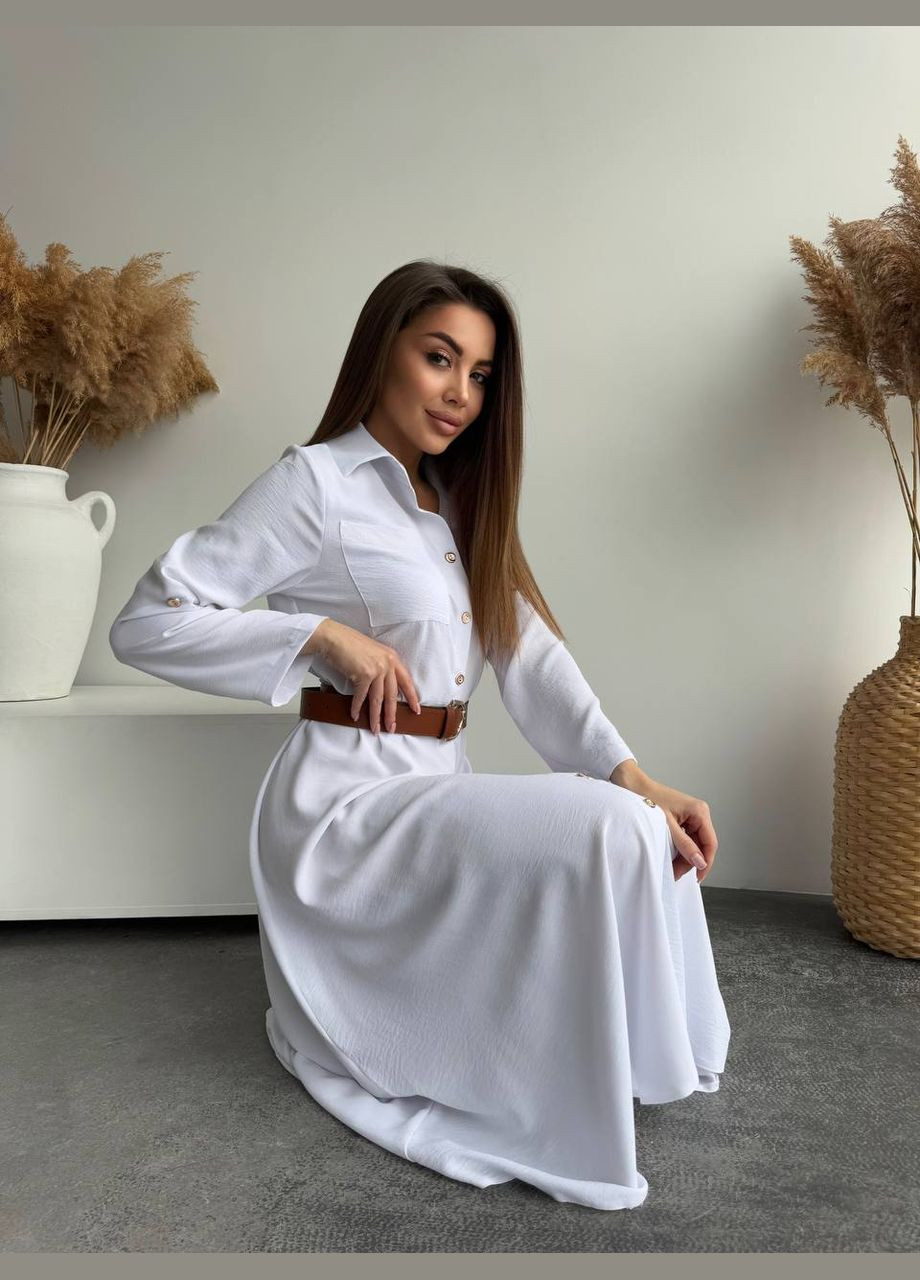 Белое повседневное платье-миди белого цвета с поясом в комплекте и длинным рукавом, идеально подходит для образов на каждый день No Brand однотонное