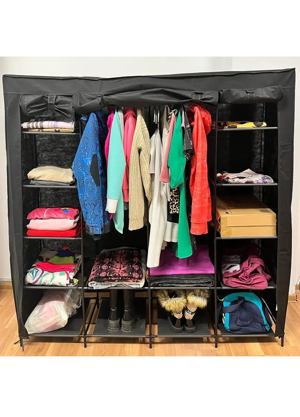 Текстильна складна шафа гардероб з полицями вішалками для зберігання одягу сумок ковдр 14 полиць 170×170×40 см (481633-Prob) Unbranded (364233676)