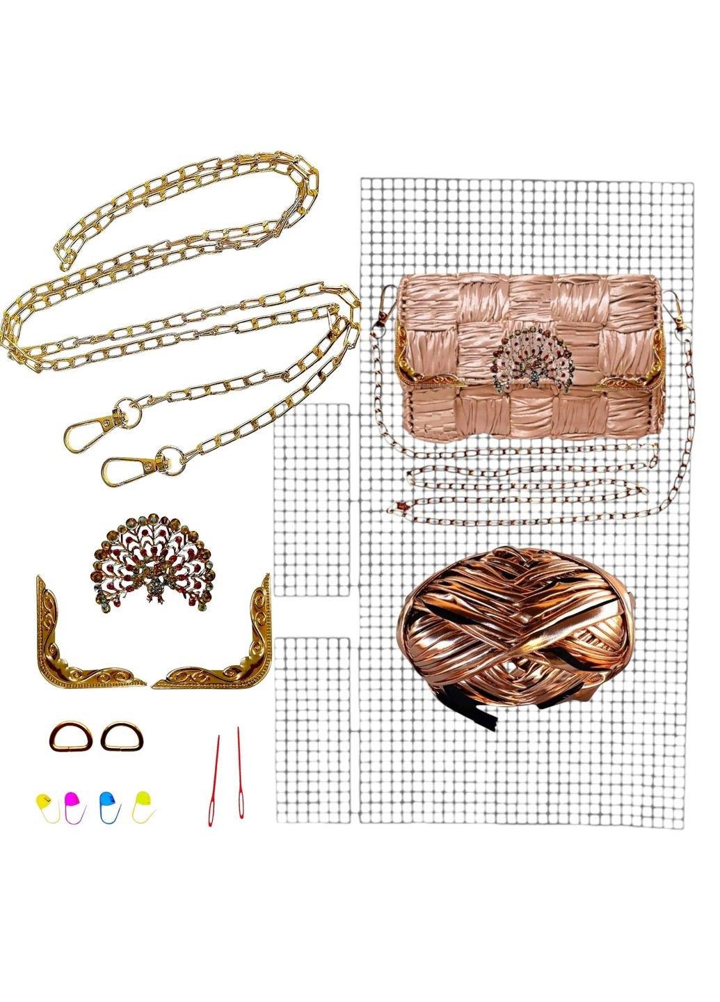 Набор для создания сумки из пластиковой канвы "Декоративная брошь Павлин" + нити Металлик Золотисто-розовый No Brand 8219-42 (332769409)