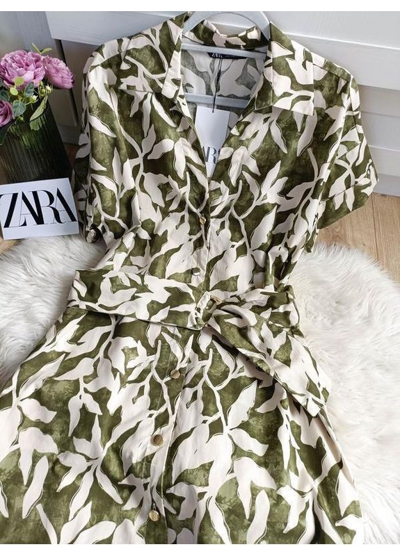 Зелена поплінова сукня міді в квіти Zara