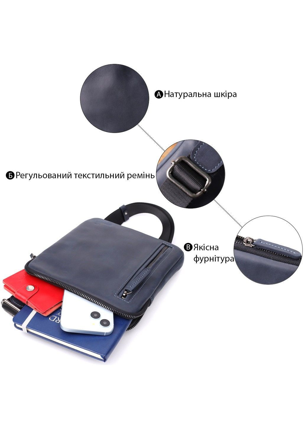 Сумка невеликого розміру для чоловіків на плече з натуральної шкіри 23148 Синій Shvigel (362556856)