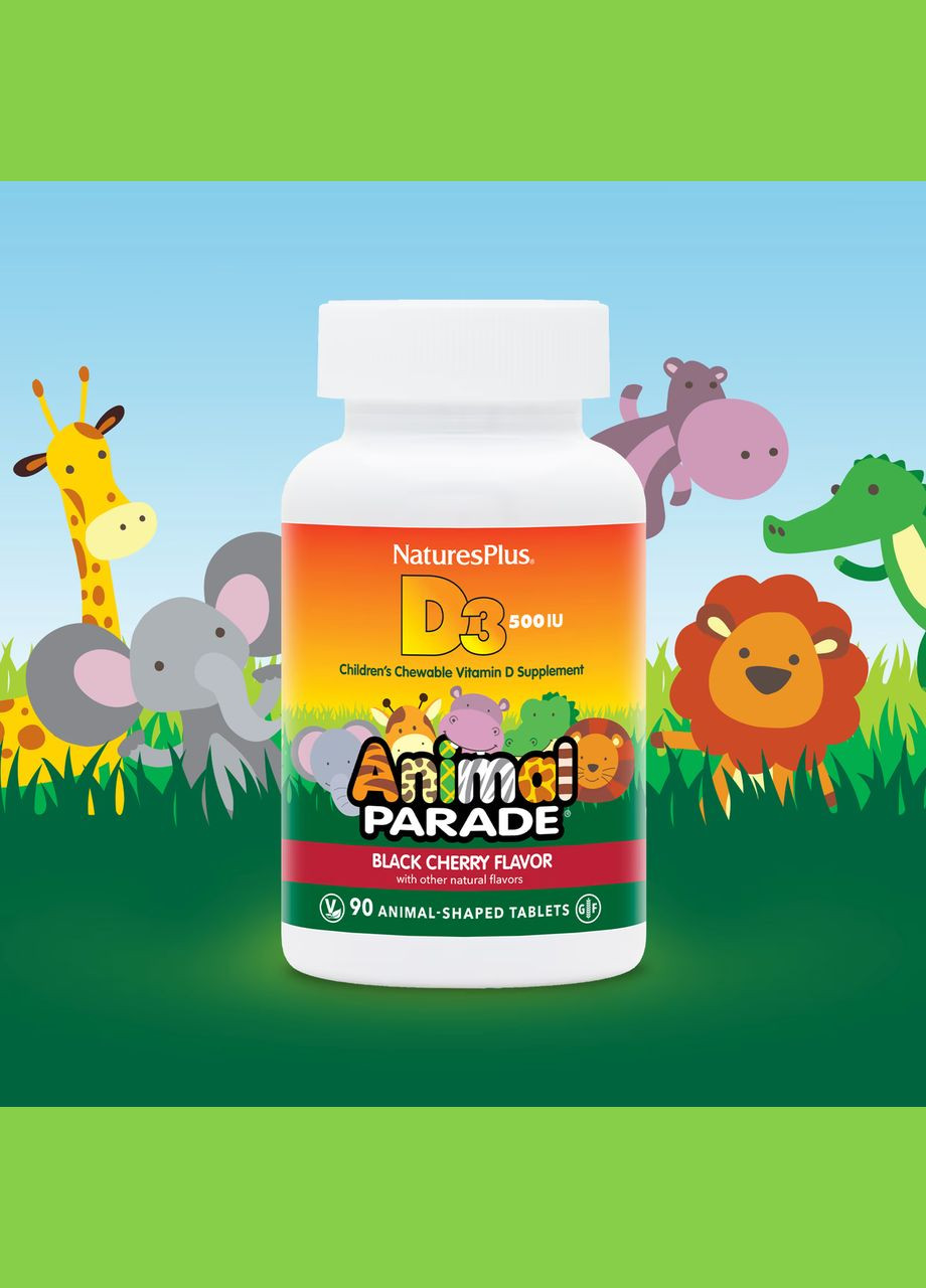 Витамин D3, Д3, для детей, жевательный, 500 МЕ, Animal Parade, вкус черной вишни, 90 таблеток в форме животных Nature's Plus (323220469)