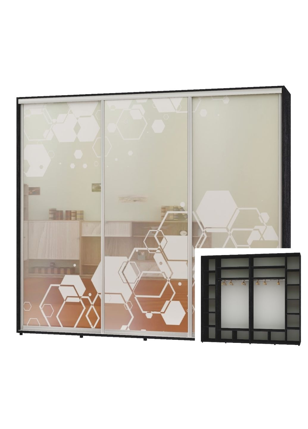 Шкаф-купе трехдверный 300*60*240 Бетон темный Зеркало с пескоструйным рисунком Люкс-149 Алекса (360451221)