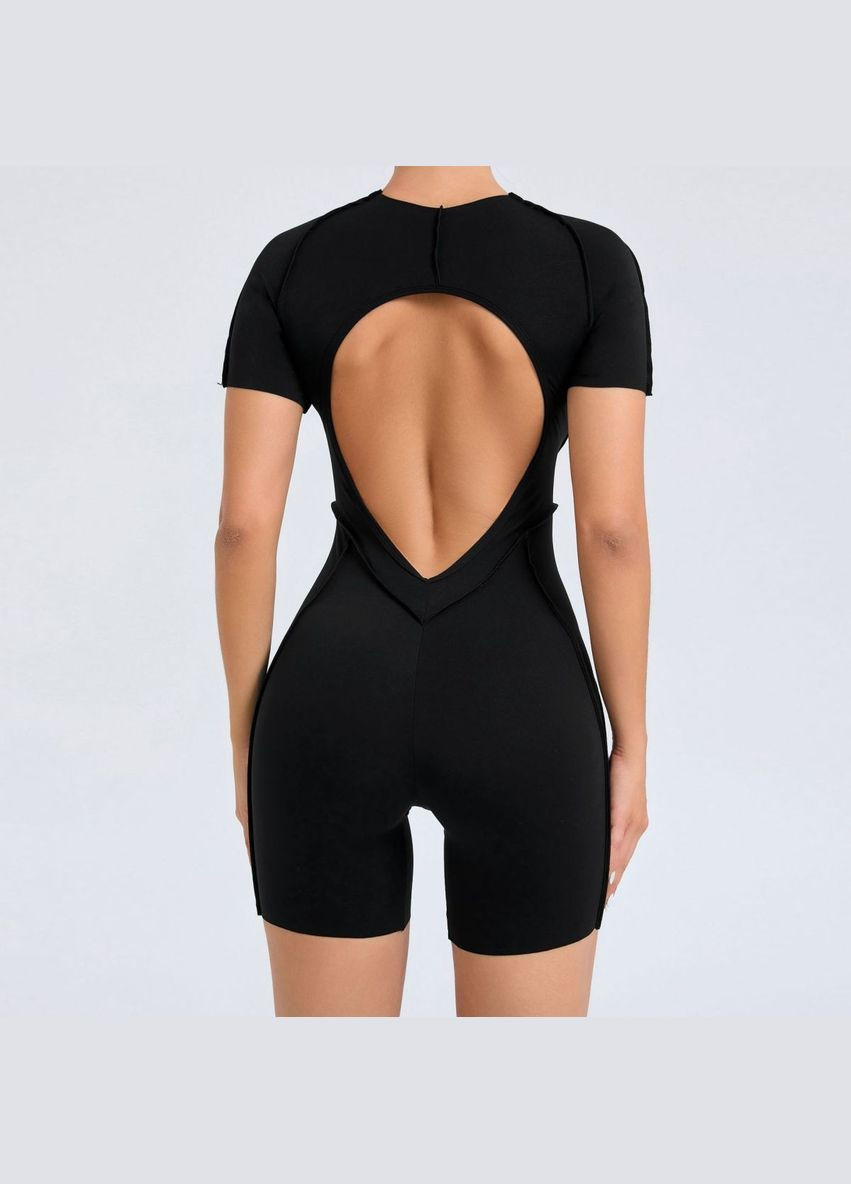 Комбинезон для фитнеса Lines бежевый шортами и коротким рукавом No Brand чёрный нейлон, эластан