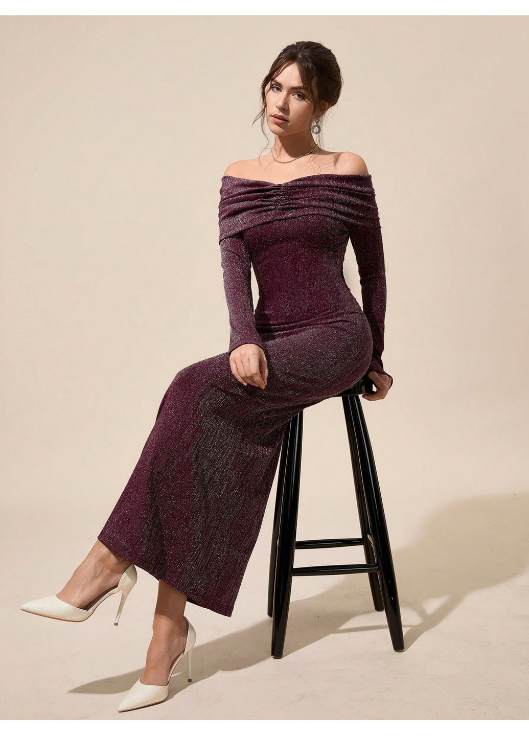 Бордовое вечернее платье SHEIN однотонное