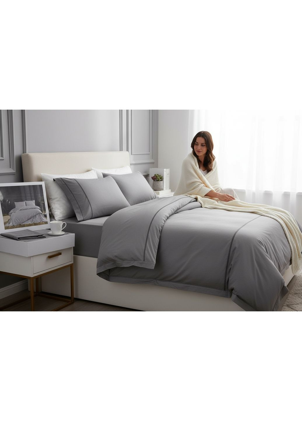 Комплект постільної білизни Casual Gri сатин люкс сімейний 160-200 см;2 шт сірий Tivolyo Home (321999676)
