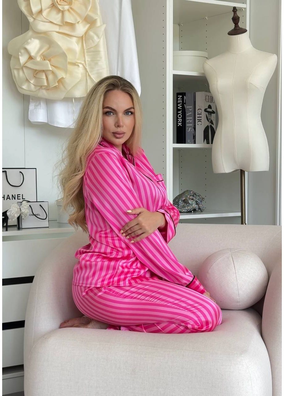 Малиновая всесезон женская пижама в полоску с длинными рукавами и брюками. рубашка + брюки Україна