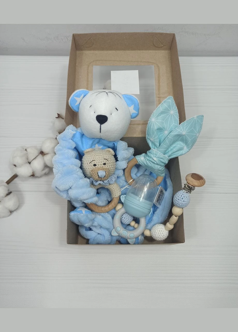 Комфортер Ведмедик, брязкальце ніблер a.l.babybox Зірки білі на блакитному No Brand (315488160)