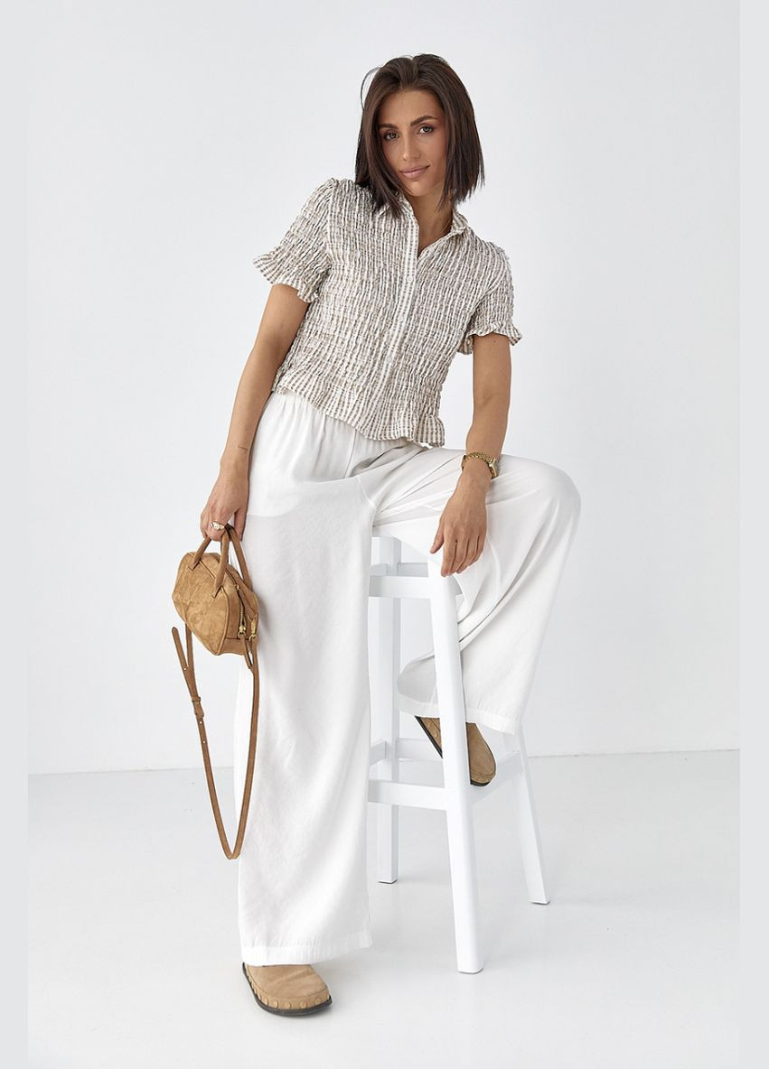 Кофейная полосатая блуза с эффектом жатки Lurex Блузка