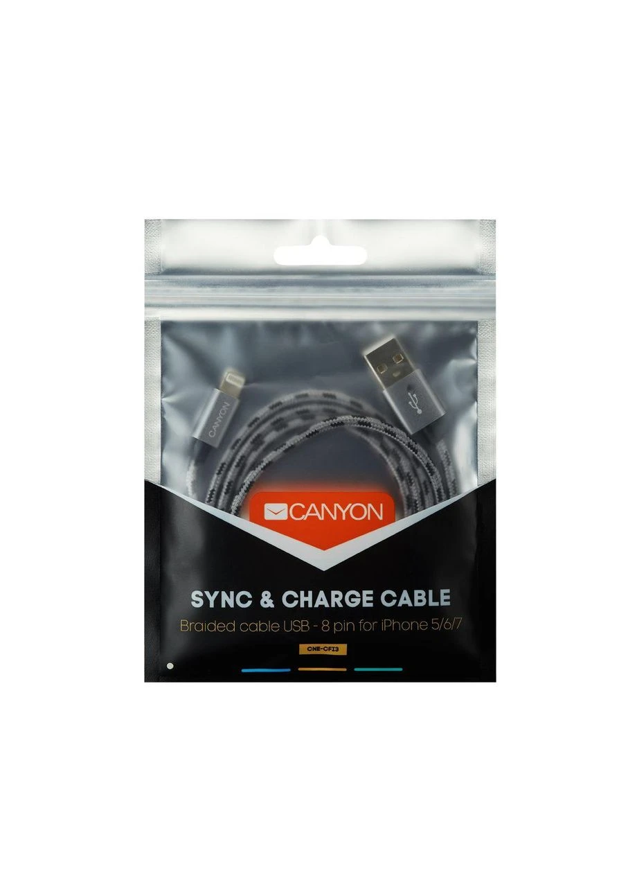 Кабель USB - Lightning (M/M), оплетка, 1 м, Темно-сірий (CNE-CFI3DG), 2.4A, швидка зарядка Canyon (354727832)