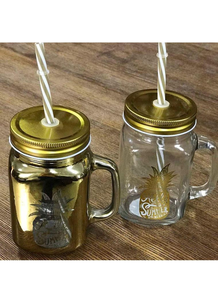 Скляна чашка-банка джар з кришкою і трубочкою Золотий Ананас 500мл Золота OSM (363192854)