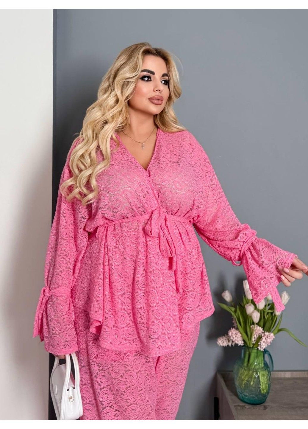 Брючний мереживний костюм двійка Арт: 7066.14, рожевий, розмір 64-72 No Brand (355469619)