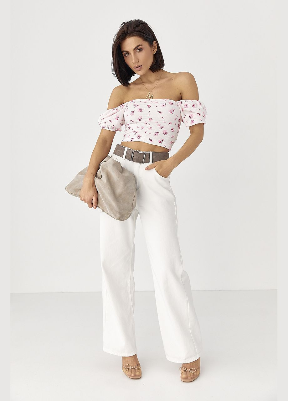 Біла блуза-топ у квіточку з рукавами-ліхтариками Lurex