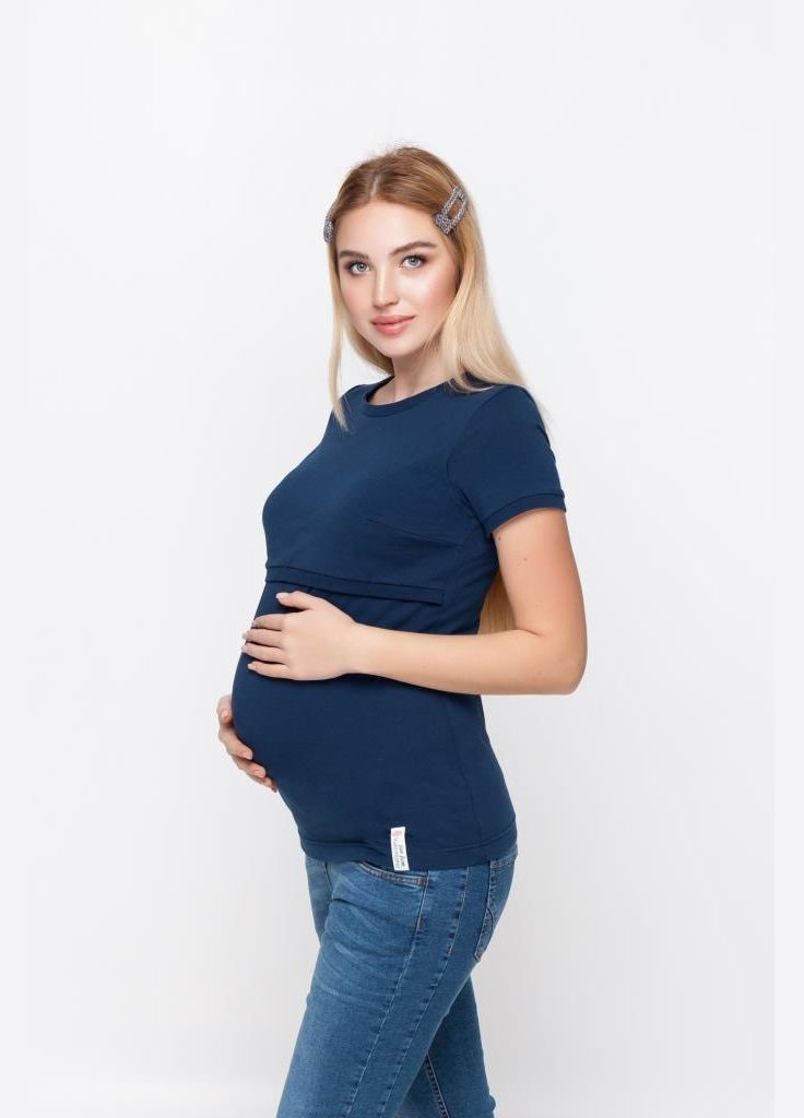 Темно-синя трикотажна футболка для вагітних та годуючих мам синя Юла мама