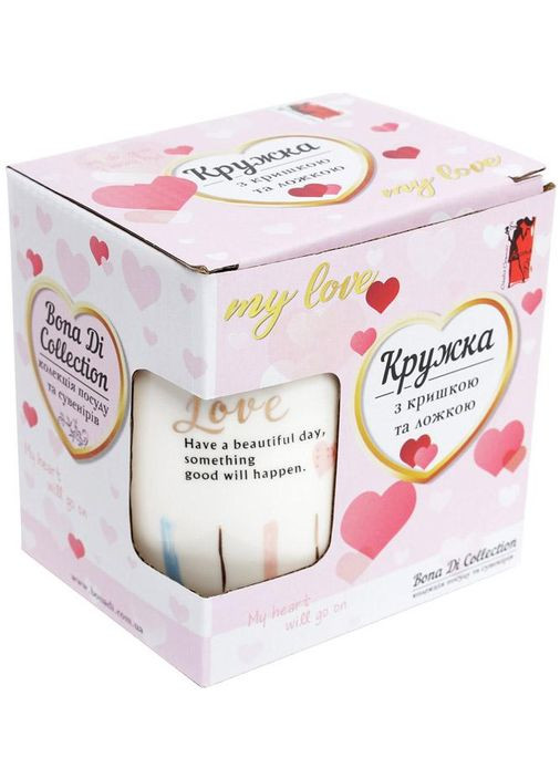 Порцеляновий кухоль-заварник Graciena 420мл з кришкою та ложкою для чаю та кави подарунковий кухоль з серцем Bona (368978535)