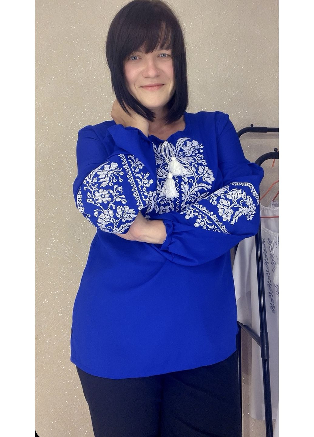 Синя жіноча вишиванка НоКо вільна шифон (349507968)