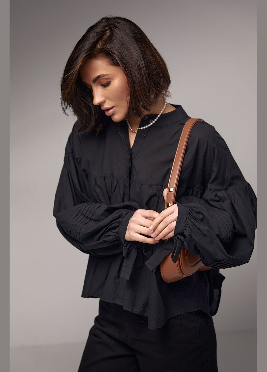 Черная демисезонная блузка хлопковая с широкими рукавами на завязках Lurex