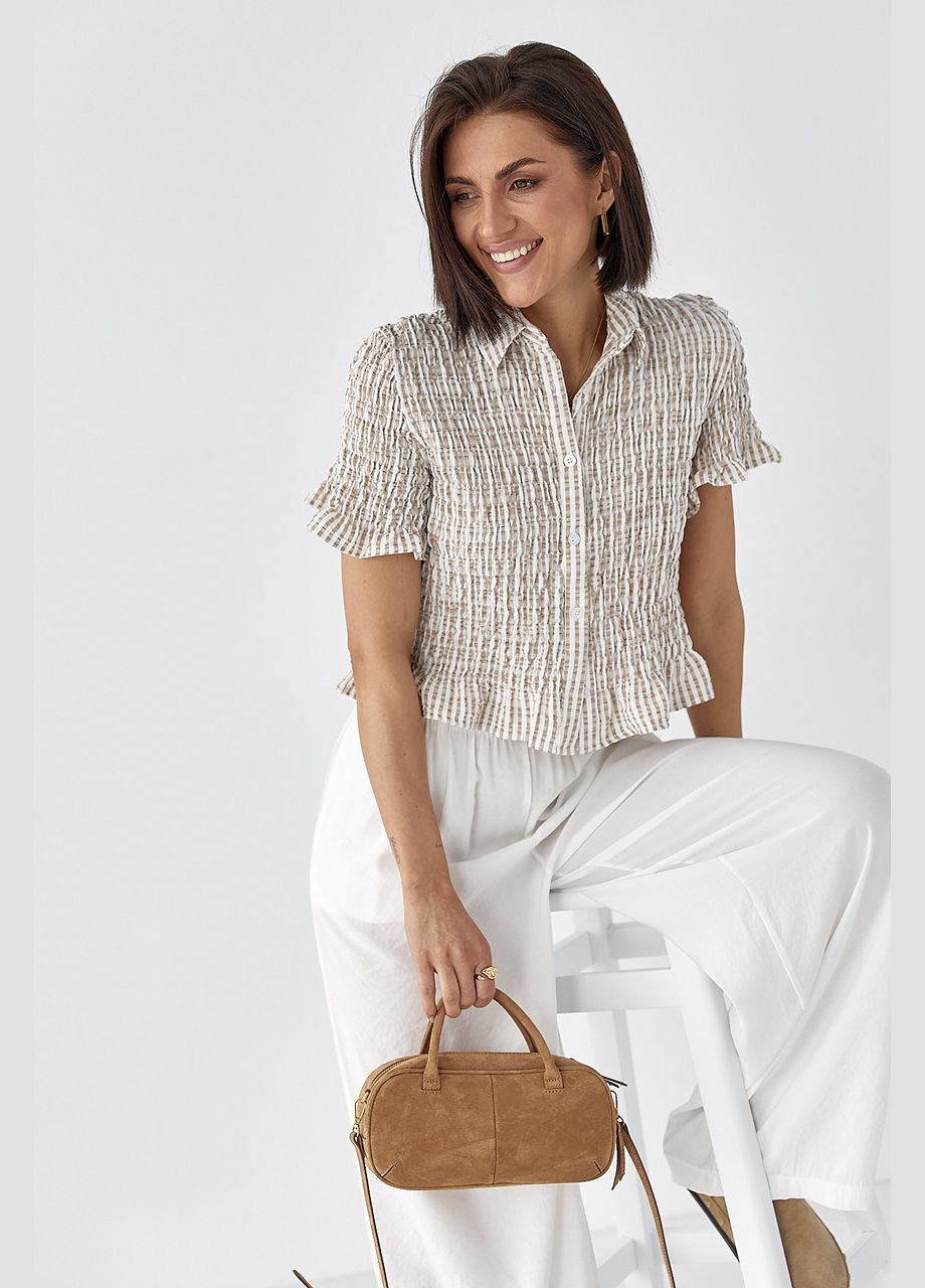 Кофейная полосатая блуза с эффектом жатки Lurex