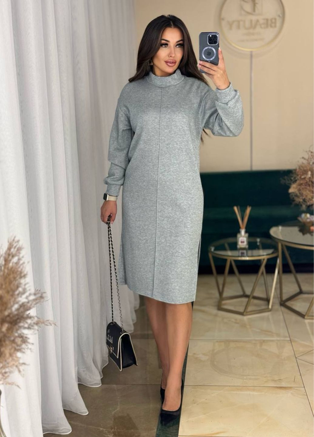 Сіра повсякденний міді сукня з розрізами та поясом Україна меланжева
