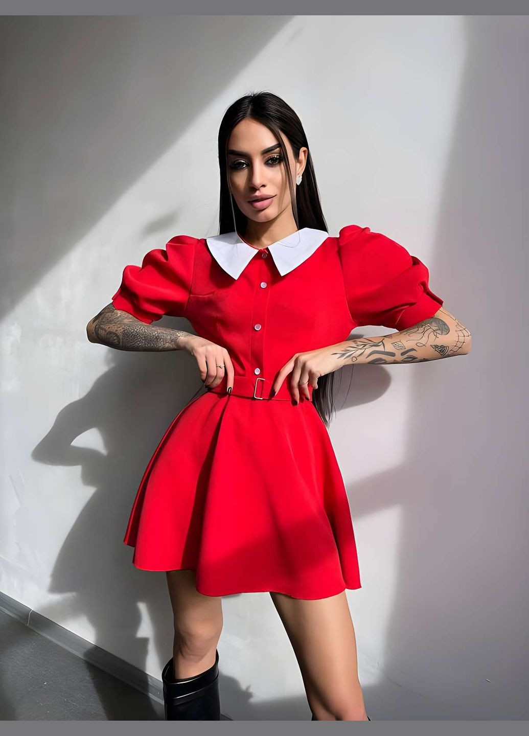 Червона святковий, коктейльна, повсякденний, кежуал, вечірня жіноча чорна коротка міні сукня з білим комірцем рукава ліхтарики baby doll Україна