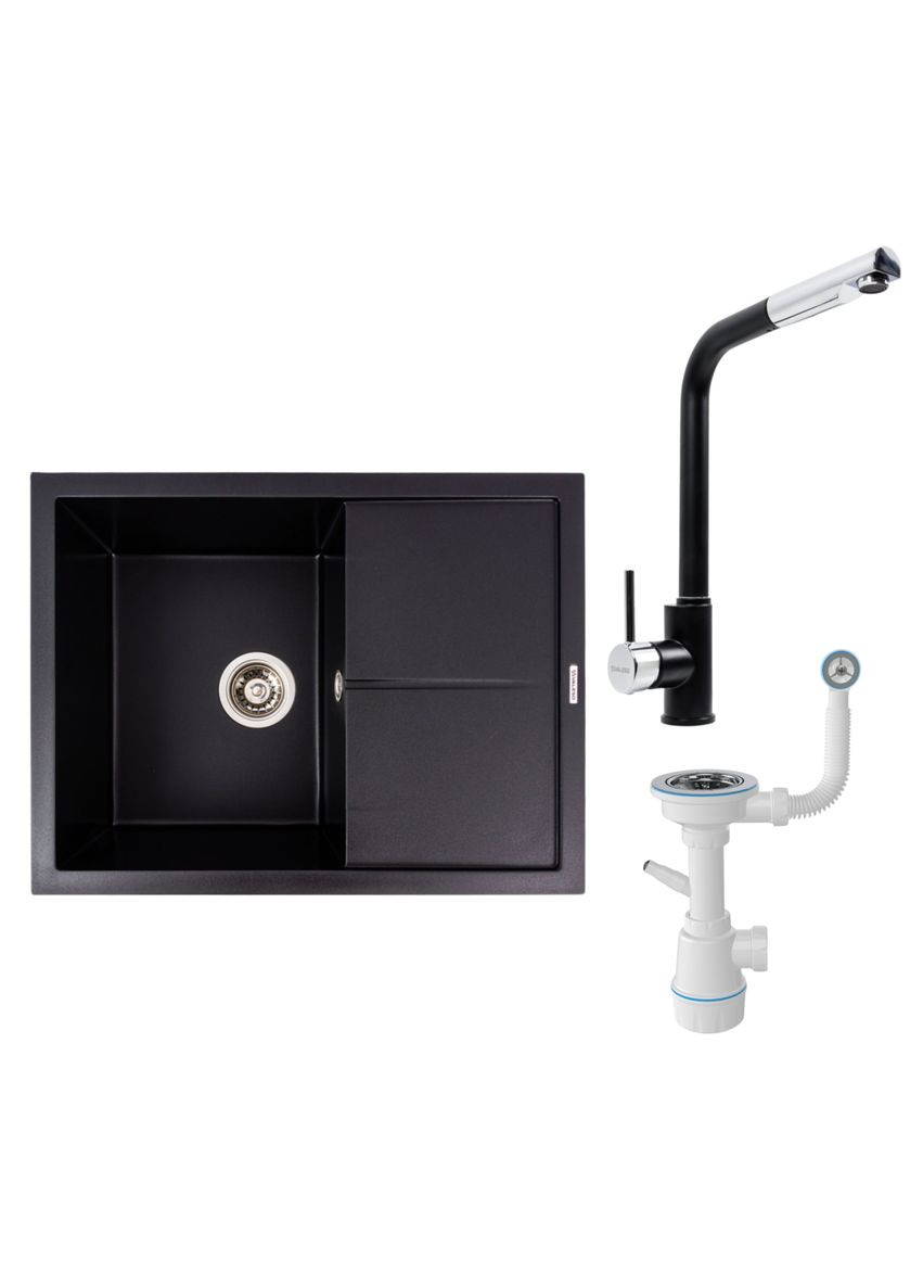 Комплект: Мойка гранитная 6550 CRIPTA + Смеситель Q411MB + Сифон (Черный) Valeso (353495390)