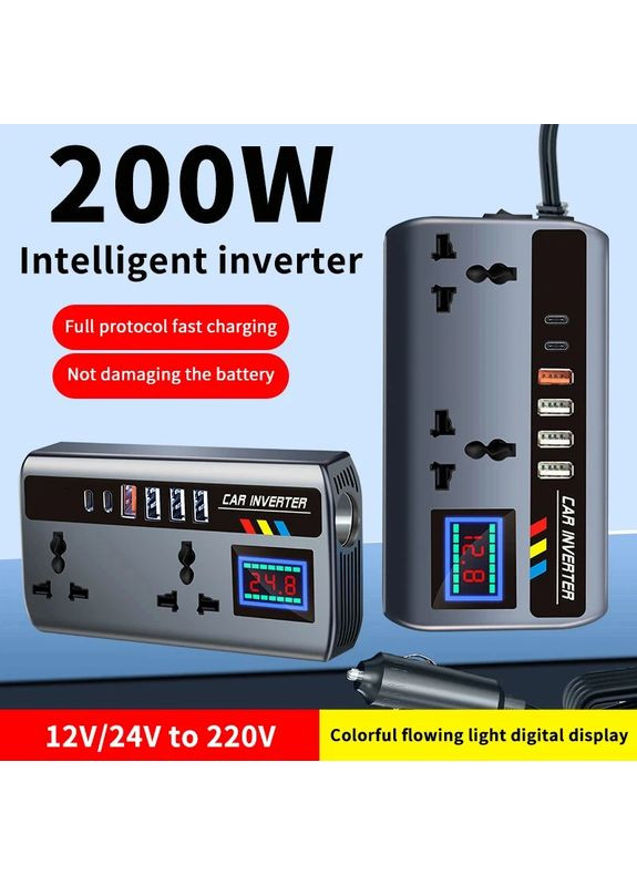 Портативний автомобільний інвертор SHIDWJ 200W DC 12 V / 24 V AC 220 V зі швидкими портами QC 3.0 і PD Type-C No Brand (370159651)